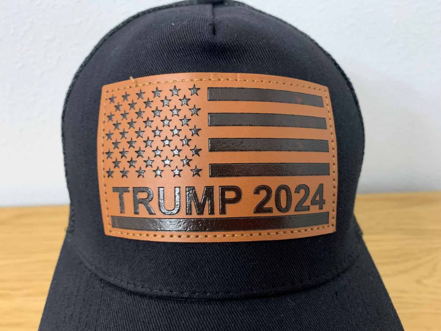 TRUMP 2024 HAT WITH LEATHER PATCH AMERICAN FLAG TRUCKER SNAPBACK HAT