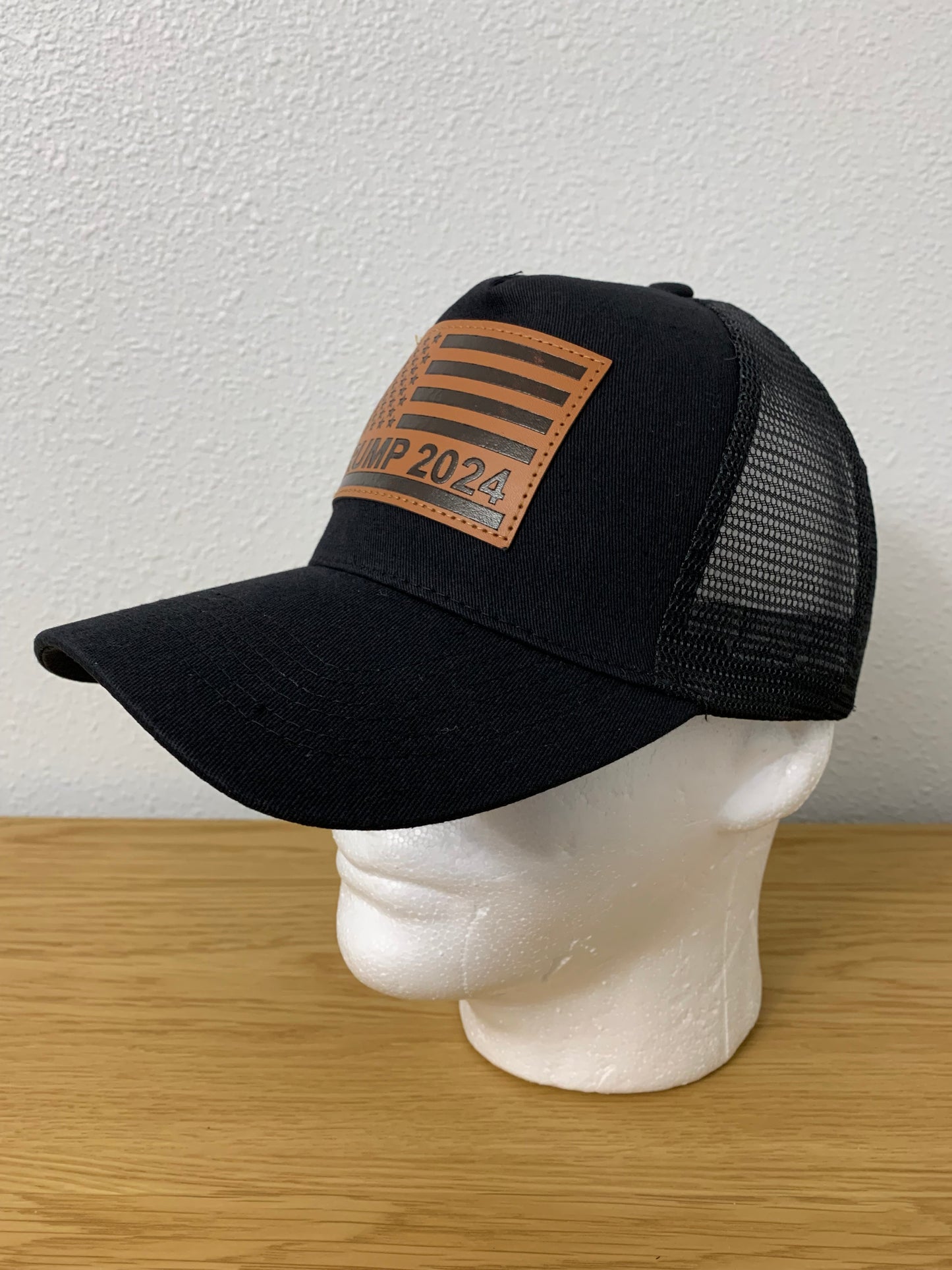 TRUMP 2024 HAT WITH LEATHER PATCH AMERICAN FLAG TRUCKER SNAPBACK HAT