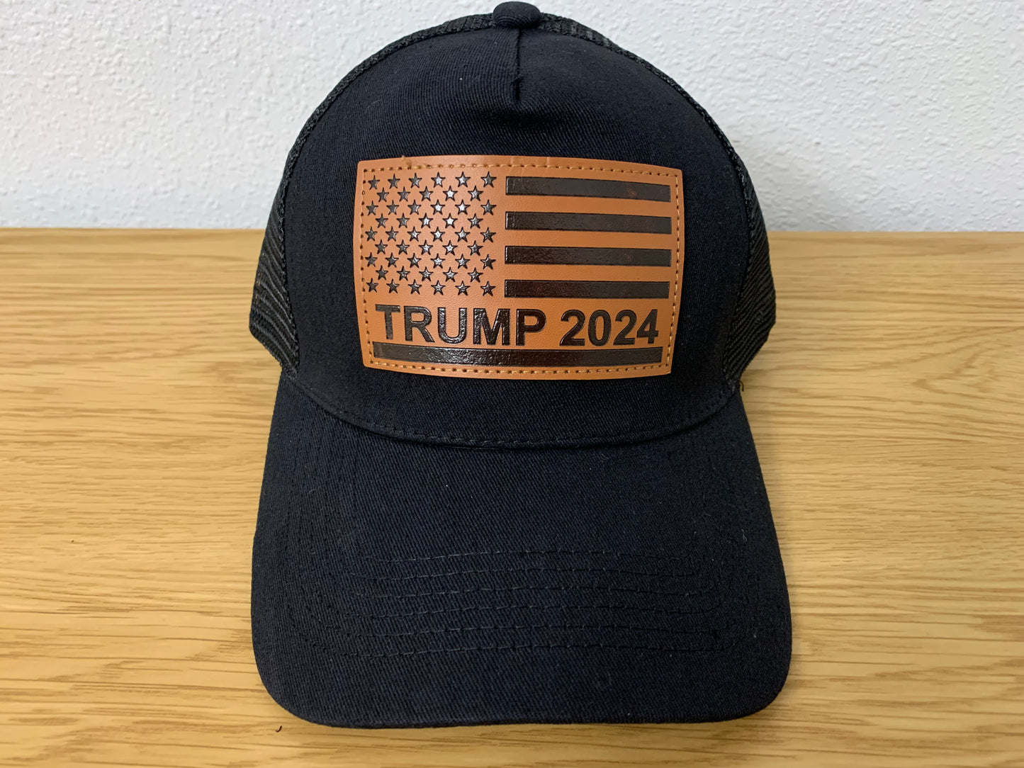 TRUMP 2024 HAT WITH LEATHER PATCH AMERICAN FLAG TRUCKER SNAPBACK HAT