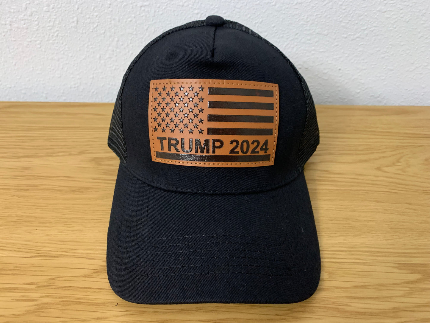 TRUMP 2024 HAT WITH LEATHER PATCH AMERICAN FLAG TRUCKER SNAPBACK HAT